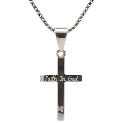 PX120 Steling Silver Rhodium Cross with "Faith in God" and "KT" engraved on the Back
